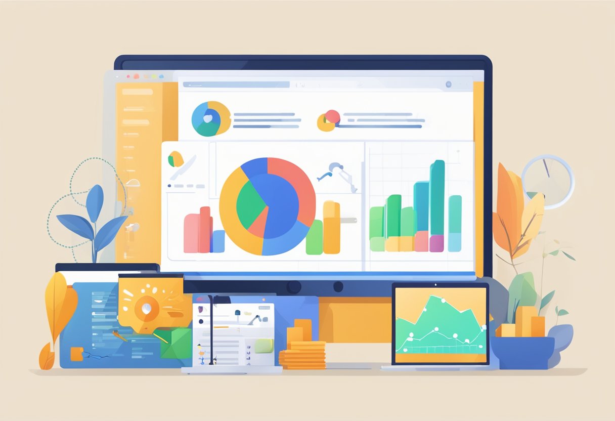 Keywords scattered across a computer screen, with a search bar and a cursor hovering over them. A graph showing keyword rankings and a website with optimized content
